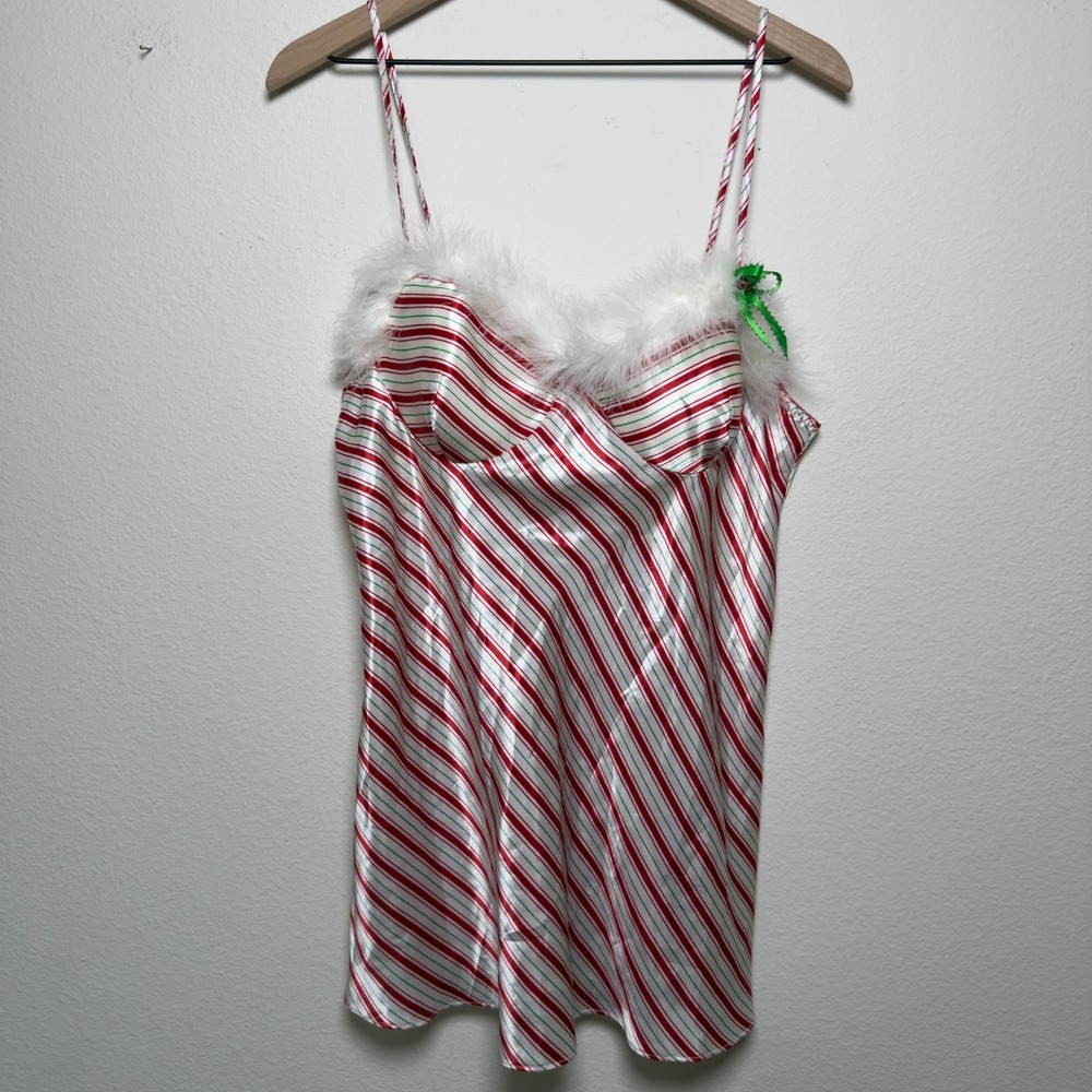 Cinema Etoile Women Chemise Red White Striped Feather Holiday Lingerie Christmas